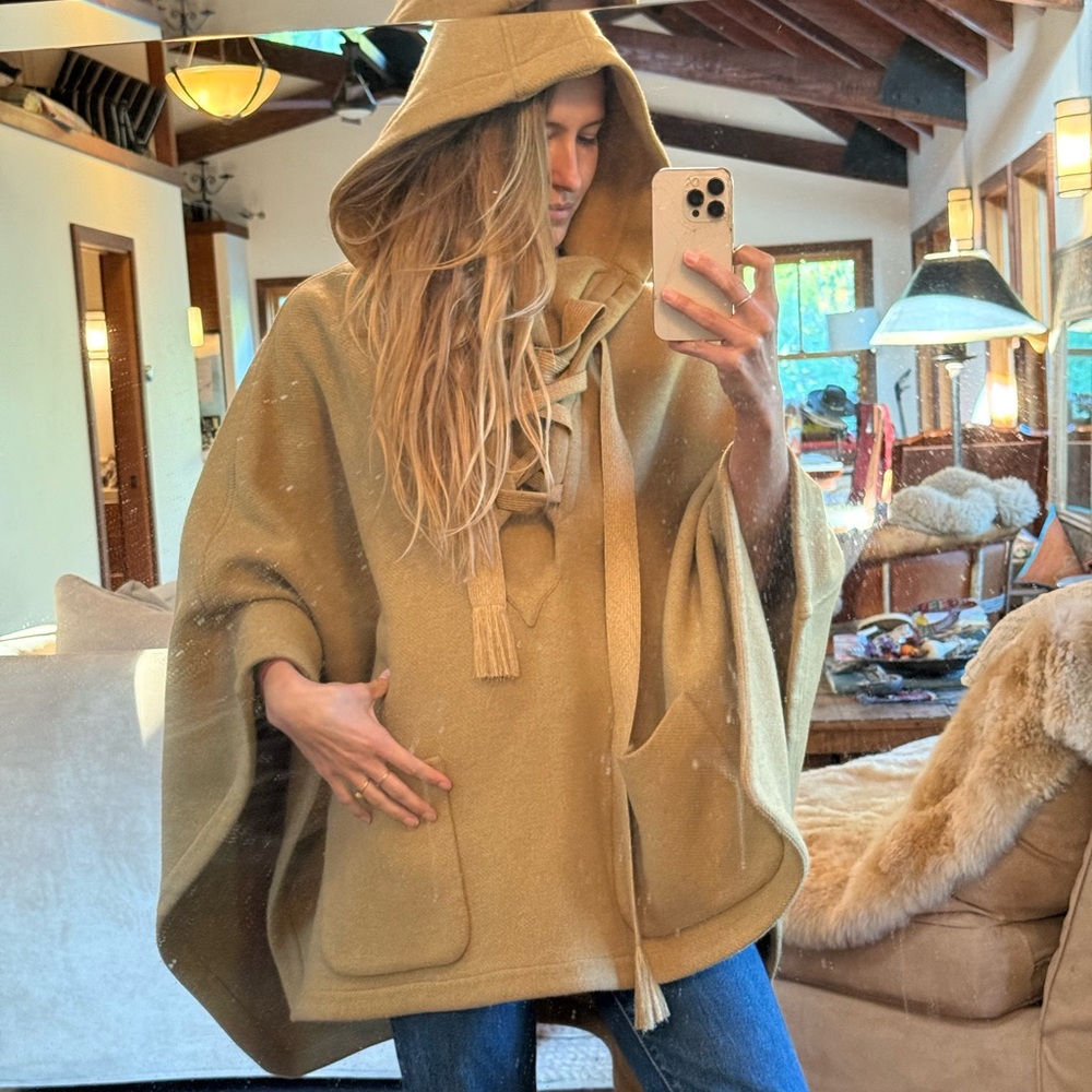 Chloe Gold Yellow Lace-Up Wool Poncho - Picture 2 of 10